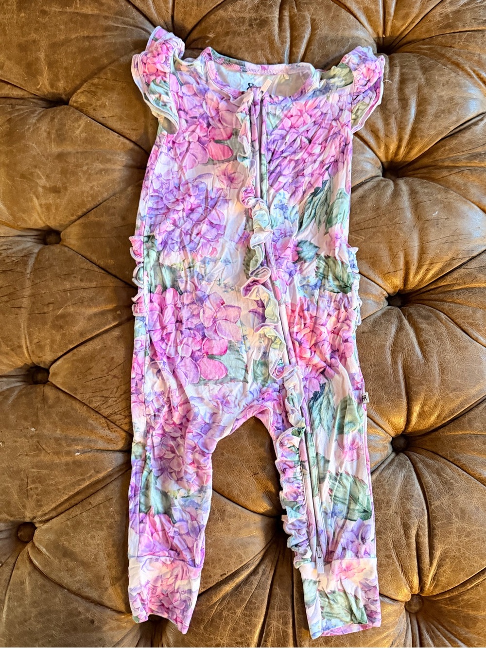 Bums & Roses You Had Me At Hydrangea Bamboo Ruffle Zippy Romper 12-18M